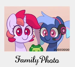 Size: 1376x1240 | Tagged: safe, artist:handgunboi, oc, oc only, oc:bit rate, oc:dawnfire, earth pony, frog, pony, unicorn, family, female, mare, photo