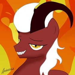 Size: 1024x1024 | Tagged: safe, artist:archooves, oc, oc:bakki, demon, pony, fangs, fire, horns, male, oni, smiley face, solo, stallion