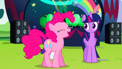 Size: 1920x1080 | Tagged: safe, derpibooru import, screencap, pinkie pie, rarity, twilight sparkle, twilight sparkle (alicorn), alicorn, earth pony, pony, unicorn, the mane attraction, speakers, stage