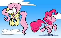 Size: 2640x1680 | Tagged: safe, artist:joeywaggoner, derpibooru import, fluttershy, pinkie pie, earth pony, pegasus, pony, cartoon physics, cloud, disbelief, duo, duo female, eyes closed, female, flying, in which pinkie pie forgets how to gravity, mare, mismatched eyes, pinkie being pinkie, pinkie physics, profile, skipping, sky, spread wings, walking on air, wings