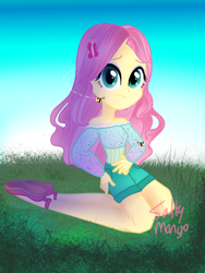 Size: 1536x2048 | Tagged: safe, artist:saltymango, fluttershy, equestria girls, alternate clothes, alternate hairstyle, bumblebee, clothes, concerned, cute, looking at you, shorts, shyabetes, solo