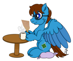 Size: 1920x1600 | Tagged: safe, artist:dawn-designs-art, oc, oc only, oc:nimbus, pegasus, pony, blue coat, blue eyes, brown mane, coffee, coffee mug, cushion, glasses, male, mug, news, simple background, sitting, solo, stallion, table, transparent background