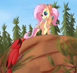 Size: 1764x1672 | Tagged: safe, artist:tigerett, derpibooru import, fluttershy, bird, pegasus, pony, atg 2020, bow, female, forest, hair bow, hiking, looking at each other, looking at someone, looking down, mare, mountain, neckerchief, newbie artist training grounds, open mouth, outdoors, raised hoof, smiling, solo, spread wings, standing, tree, wings