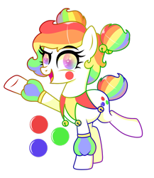 Size: 909x1047 | Tagged: safe, artist:kb-gamerartist, oc, oc only, oc:giggle grin, earth pony, pony, clown, coat markings, female, makeup, mare, multicolored hair, open mouth, rainbow hair, raised hoof, raised leg, simple background, solo, transparent background