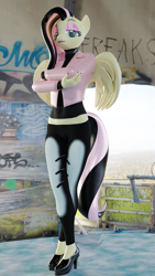 Size: 2430x4320 | Tagged: safe, artist:jdash, derpibooru import, fluttershy, anthro, 3d, blender, choker, chokershy, clothes, crossed arms, crossed legs, emoshy, female, jacket, leather jacket, looking at you, makeup, nail polish, nexgen, pants, shoes, solo, standing