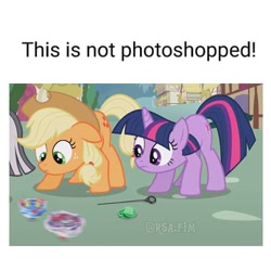 Size: 500x500 | Tagged: safe, derpibooru import, edit, edited screencap, screencap, applejack, twilight sparkle, zecora, earth pony, pony, unicorn, the cutie pox, beyblade, blatant lies, cropped, female, mare, meme, offscreen character, stare