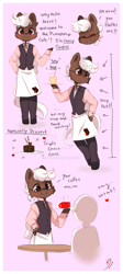 Size: 800x1780 | Tagged: safe, artist:ipun, oc, oc only, oc:cherry cordial, earth pony, semi-anthro, apron, arm hooves, chibi, clothes, deviantart watermark, friendship cafe, glasses, male, obtrusive watermark, pants, semi-anthro oc, shirt, solo, stallion, vest, watermark