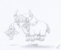 Size: 2660x2170 | Tagged: safe, artist:xeviousgreenii, spike, twilight sparkle, dragon, yak, atg 2020, book, cloven hooves, female, male, monochrome, newbie artist training grounds, pencil drawing, simple background, species swap, traditional art, trampling, white background, winged spike, yak smash, yakified