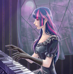 Size: 1942x1975 | Tagged: safe, artist:pink_stardust, twilight sparkle, vampire, fanfic:the sickness unto death, clothes, curtains, dress, evening gloves, fanfic art, gloves, gothic, humanized, long gloves, moon, musical instrument, piano, playing instrument, solo, window