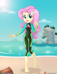 Size: 1500x1942 | Tagged: safe, alternate version, artist:dieart77, fluttershy, equestria girls, barefoot, beach, bikini, clothes, cute, feet, sexy, shyabetes, solo, swimsuit, wetsuit