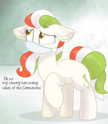 Size: 1172x1340 | Tagged: safe, artist:rainbow eevee, oc, oc only, oc:princess stivalia, pony, coronavirus, covid-19, cropped, cute, face mask, female, floppy ears, golden eyes, italy, mask, nation ponies, ponified, ppe, sad, sick, simple background, surgical mask, teary eyes