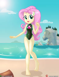 Size: 1500x1942 | Tagged: safe, alternate version, artist:dieart77, fluttershy, equestria girls, beach, bikini, clothes, cute, one-piece swimsuit, shyabetes, solo, swimsuit