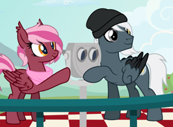 Size: 2400x1770 | Tagged: safe, artist:starshade, editor:bnau, oc, oc only, oc:tempest streamrider, oc:zeny, pegasus, base used, beanie, clothes, colored wings, date, fangs, female, hat, heterochromia, lookout, male, mare, picnic blanket, scarf, shipping, stallion, wings