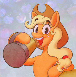 Size: 1728x1756 | Tagged: safe, artist:littmosa, derpibooru import, applejack, earth pony, pony, apple background, cider, cider mug, female, looking at you, mug, open mouth, pacman eyes, solo