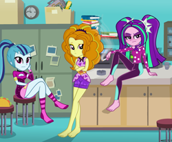 Size: 3192x2648 | Tagged: safe, artist:charliexe, artist:grapefruitface1, derpibooru exclusive, adagio dazzle, aria blaze, sonata dusk, better together, equestria girls, find the magic, ashtray, ass, barefoot, base used, blushing, book, butt, cigarette, clock, clothes, desk, feet, food, legs, looking at you, office, schrödinger's pantsu, smoking, socks, sonata donk, taco, the dazzlings, thighs