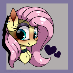 Size: 1854x1854 | Tagged: safe, artist:lux-arume, derpibooru import, fluttershy, pegasus, pony, bust, chest fluff, choker, chokershy, cute, ear piercing, earring, fluttergoth, heart, jewelry, makeup, piercing, portrait, shyabetes, solo