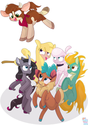 Size: 2020x2872 | Tagged: safe, artist:rainbow eevee, arizona cow, oleander, paprika paca, pom lamb, tianhuo, velvet reindeer, alpaca, classical unicorn, cow, deer, lamb, reindeer, sheep, unicorn, them's fightin' herds, adorapom, arizonadorable, awwleander, bandana, bell, cloven hooves, collar, community related, curved horn, cute, eyelashes, female, fightin' six, horn, jumping, leonine tail, looking down, looking up, open mouth, paprikadorable, raised leg, scared, simple background, smiling, tianhuaww, transparent background, unshorn fetlocks, vector, velvebetes