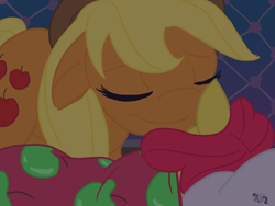 Size: 1600x1200 | Tagged: safe, artist:cosmic-rust, derpibooru import, apple bloom, applejack, earth pony, pony, apple sisters, bed, blanket, cute, siblings, sisters