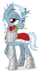 Size: 1833x3272 | Tagged: safe, artist:zutheskunk oc commissions, oc, oc:ice storm, unicorn, armor, cape, clothes, commission, flower, flower in mouth, horn, rose, rose in mouth, simple background, solo, transparent background, unicorn oc, vector
