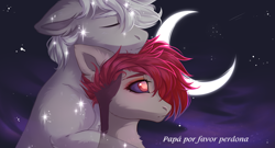 Size: 2949x1596 | Tagged: safe, artist:magicbalance, oc, oc only, earth pony, ghost, pony, commission, eyes closed, hug, moon, rcf community, sky, stars