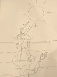 Size: 936x1280 | Tagged: safe, artist:whistle blossom, discord, draconequus, belly button, cute, discute, inner tube, looking at you, male, monochrome, sketch, solo, sun, traditional art, water