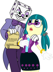 Size: 1069x1449 | Tagged: safe, artist:hetaliafranceluvr123, artist:user15432, juniper montage, human, equestria girls, base used, bowtie, bracelet, clothes, contract, crossover, cuphead, glasses, gloves, jewelry, king dice, studio mdhr