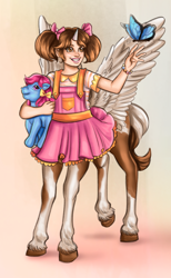 Size: 822x1334 | Tagged: safe, artist:aerodynamict, derpibooru exclusive, bow tie (g1), oc, oc:beau spark, butterfly, centaur, g1, blouse, bracelet, brown eyes, brown hair, clothes, commission, dress, female, freckles, frilly dress, hair ribbon, jewelry, pegasus wings, pegataur, piebald colouring, pigtails, pinto, plushie, simple background, smiling, unicorn horn, unitaur, unshorn fetlocks, wings, wings raised, young