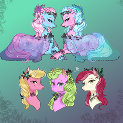 Size: 2000x2000 | Tagged: safe, artist:bunnari, aloe, daisy, flower wishes, lily, lily valley, lotus blossom, roseluck, butterfly, earth pony, pony, bust, clothes, female, mare, portrait, prone, see-through