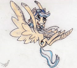 Size: 3755x3343 | Tagged: safe, artist:c_ii_r, oc, oc only, oc:easy breezy, pegasus, pony, armpits, female, goggles, mare, solo, spread wings, traditional art, wings