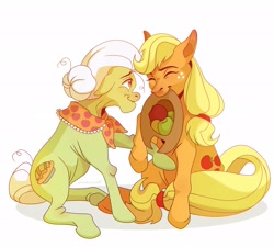 Size: 2607x2346 | Tagged: safe, artist:uneasywolf, derpibooru import, applejack, granny smith, earth pony, pony, apple, applejack's hat, cowboy hat, cute, duo, eyes closed, female, food, grandmother and grandchild, hat, high res, mare, mouth hold, simple background, sitting, smiling, white background