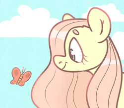 Size: 2300x2000 | Tagged: safe, artist:vailyfinch, derpibooru import, fluttershy, butterfly, pegasus, pony, beanbrows, bust, cloud, cute, eyebrows, female, high res, looking at something, mare, portrait, profile, shyabetes, sky, smiling, solo