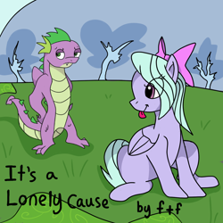 Size: 1024x1024 | Tagged: safe, artist:sprinkle-tits, flitter, spike, dragon, pony, grass, tongue out, tree