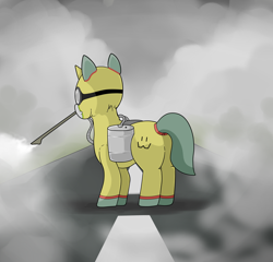 Size: 5000x4800 | Tagged: safe, artist:waffletheheadmare, oc, oc only, oc:wafflehead, pony, unicorn, asphalt, barrel, caftan, clothes, coronavirus, covid-19, cutie mark, decontamination, disinfection, gas, goggles, haze, horn, mask, ppe, respirator, road, safety goggles, smoke, suit, wires, wuhan