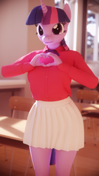 Size: 2160x3840 | Tagged: safe, artist:dashie116, twilight sparkle, anthro, 3d, cinema 4d, classroom, clothes, explicit source, female, heart, heart hands, looking at you, mare, necktie, shirt, skirt, solo