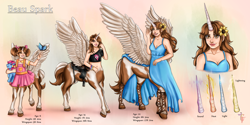 Size: 4000x2000 | Tagged: safe, artist:aerodynamict, derpibooru import, bow tie (g1), pinkie pie, oc, oc:beau spark, butterfly, centaur, g1, adult, age progression, bangle, belly button, blouse, bracelet, brown eyes, brown hair, bust, clothes, commission, dress, female, flower, freckles, frilly dress, hair decorations, hair over one eye, hair ribbon, hairclip, high res, hoof sandals, hooves, jewelry, long hair, older, one shoulder, pegasus wings, pegataur, piebald colouring, pigtails, pinto, plushie, reference sheet, saddle, sandals, shirt, simple background, smiling, sunflower, t-shirt, tack, teenager, unicorn horn, unitaur, unshorn fetlocks, wings, wings raised, young