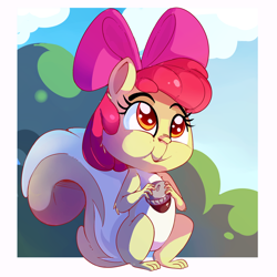 Size: 2000x2000 | Tagged: safe, artist:discorded, apple bloom, squirrel, acorn, adorabloom, atg 2020, bush, cute, daaaaaaaaaaaw, female, newbie artist training grounds, solo, species swap