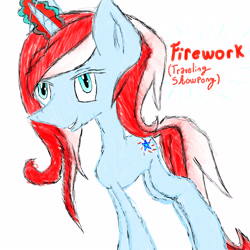 Size: 5000x5000 | Tagged: safe, artist:prismicdiamondart, oc, oc only, oc:firework, pony, unicorn, female, glowing horn, horn, mare, simple background, solo, text, unicorn oc, white background