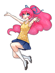 Size: 1819x2383 | Tagged: safe, artist:liliumena, derpibooru import, pinkie pie, human, alternate hairstyle, armpits, clothes, cute, diapinkes, female, humanized, open mouth, ponytail, simple background, skirt, socks, solo, transparent background, zettai ryouiki