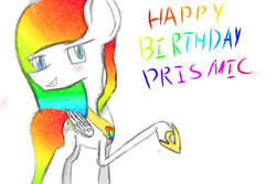 Size: 900x600 | Tagged: safe, artist:prismicdiamondart, oc, oc only, oc:prismatic spectrum rainbow, pegasus, pony, female, happy birthday, hoof shoes, mare, multicolored hair, pegasus oc, peytral, rainbow hair, raised hoof, smiling, solo, text, wings