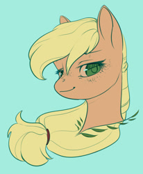 Size: 1280x1554 | Tagged: safe, artist:aphphphphp, derpibooru import, applejack, earth pony, pony, blue background, bust, colored pupils, cute, female, hatless, jackabetes, lidded eyes, looking at you, mare, missing accessory, portrait, simple background, solo