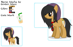 Size: 995x636 | Tagged: safe, artist:14th-crown, oc, oc only, oc:mocha ice, earth pony, pony, bendy straw, coffee, cup, drink, drinking straw, duo, earth pony oc, female, hair over one eye, hat, mare, necktie, pointy ponies, reference sheet, simple background, transparent background