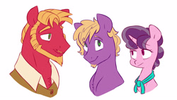 Size: 3037x1728 | Tagged: safe, artist:chub-wub, big macintosh, little mac, sugar belle, earth pony, pony, unicorn, alternate hairstyle, beard, clothes, facial hair, family, father and child, father and son, female, male, mare, mother and child, mother and son, older, older little mac, parent and child, shipping, shirt, simple background, stallion, straight, sugarmac, vest, white background