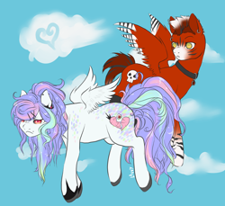 Size: 2400x2200 | Tagged: safe, artist:lavvythejackalope, oc, oc only, pegasus, pony, cloud, duo, flying, heart, heartbreak, looking back, pegasus oc, skull, wings