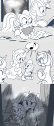 Size: 896x2076 | Tagged: safe, artist:mamatwilightsparkle, lemon hearts, minuette, spike, twilight sparkle, twinkleshine, dragon, pony, unicorn, baby, baby spike, book, comic, diaper, drawing, gem, monochrome, playing, reading, singing, tumblr, younger