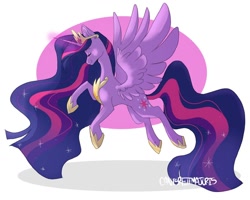 Size: 1024x820 | Tagged: safe, artist:canisrettmajoris, princess twilight 2.0, twilight sparkle, twilight sparkle (alicorn), alicorn, pony, the last problem, crown, eyes closed, female, glowing horn, hoof shoes, horn, jewelry, mare, older, peytral, regalia, signature, smiling, solo, spread wings, wings