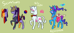 Size: 1800x800 | Tagged: safe, artist:lavvythejackalope, oc, oc only, oc:solemn sword, pony, unicorn, bell, clothes, collar, conical hat, dress, ethereal mane, eyes closed, female, hat, horn, horn impalement, male, mare, paw prints, raised hoof, reference sheet, simple background, skirt, smiling, stallion, starry mane, unicorn oc