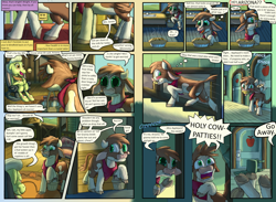 Size: 2160x1584 | Tagged: safe, artist:firefanatic, arizona cow, granny smith, cow, earth pony, pony, comic:friendship management, them's fightin' herds, basket, blushing, calf, chair, comic, community related, crossover, dialogue, door, embarrassed, food, implied applejack, implied twilight sparkle, kitchen, knocking, licking, licking lips, milk, nervous, offscreen character, pie, rug, seat, sink, throwing, tongue out, what is hoo-man, window