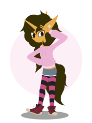Size: 3120x4160 | Tagged: safe, artist:pam-sparky, oc, anthro, unicorn, anthro oc, clothes, converse, curly hair, hoodie, horn, lineless art, peace sign, shoes, shorts, socks, sports, striped socks, tennis, unicorn oc
