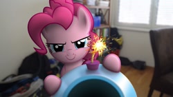 Size: 1280x720 | Tagged: safe, artist:stormxf3, derpibooru import, pinkie pie, earth pony, pony, >:), bookshelf, evil grin, female, fuse, grin, ignition, imminent pain, irl, looking at you, mare, party cannon, photo, ponies in real life, smiling, solo, the fourth wall cannot save you, this will not end well, youtube