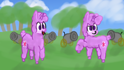 Size: 1920x1080 | Tagged: safe, artist:llamalauncher, twilight sparkle, llama, atg 2020, cannon, duality, llamafied, newbie artist training grounds, no pupils, raised hoof, scenery, solo, species swap, tongue out